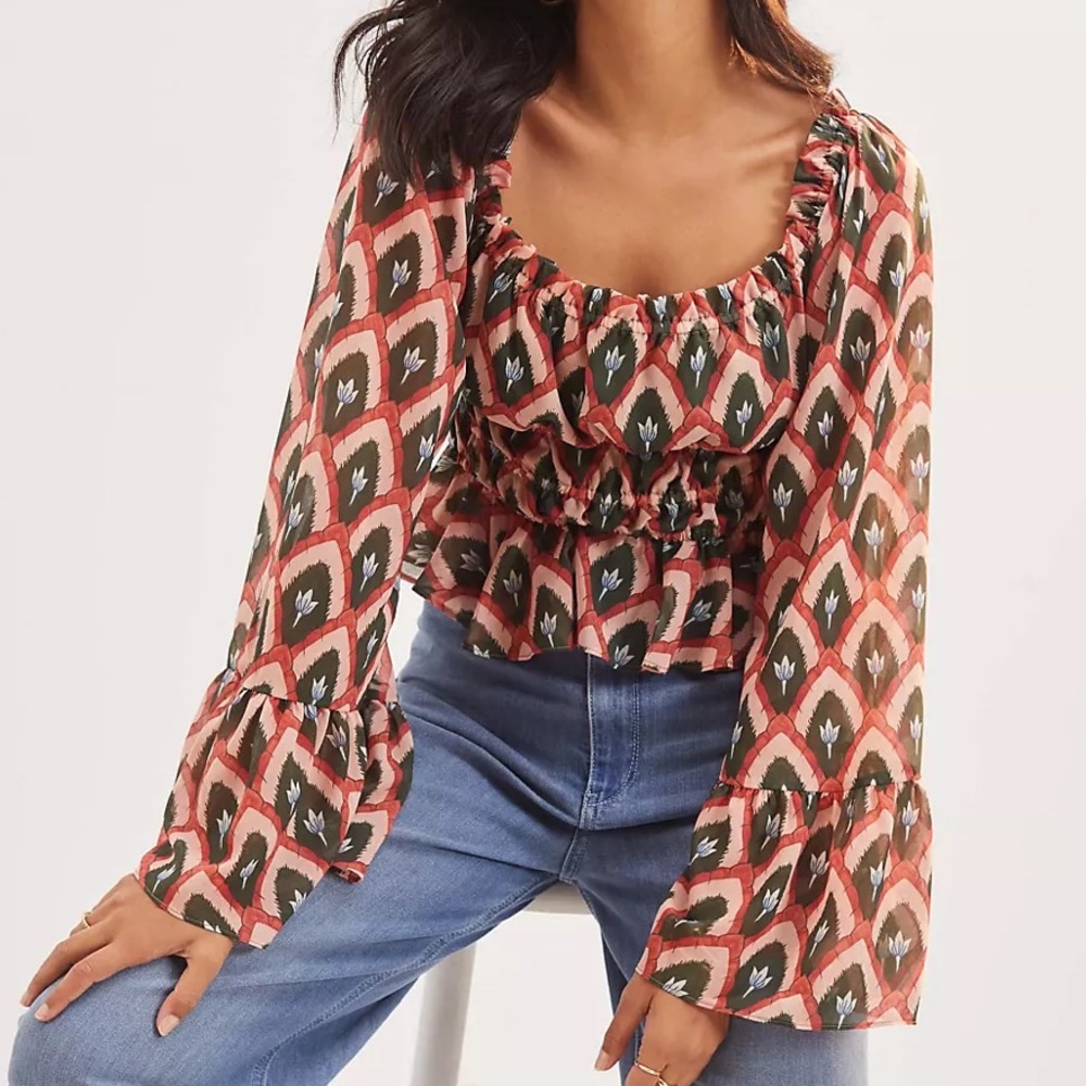 New Anthropologie Hutch Smocked Puff-Sleeve Blouse Top